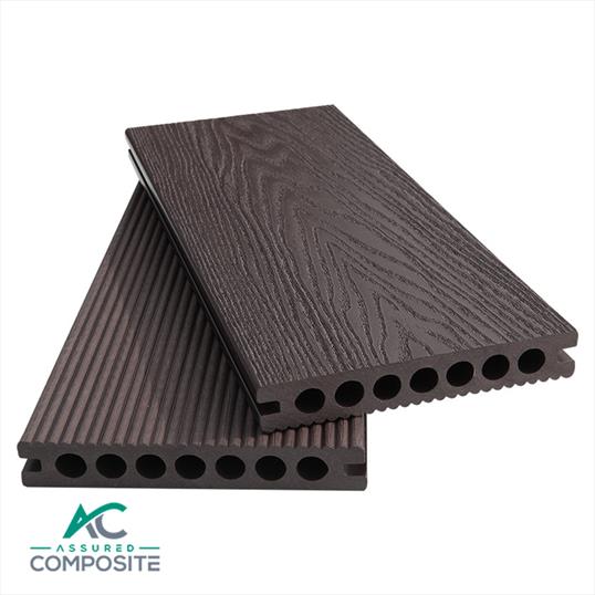 Hollow Composite Decking in Coffee. Displaying Grain On Top Premier Composite Decking in Coffee - Assured Composite