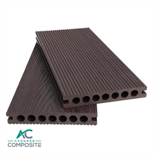 Hollow Composite Decking in Coffee. Showing groove on top Premier Composite Decking in Coffee - Assured Composite