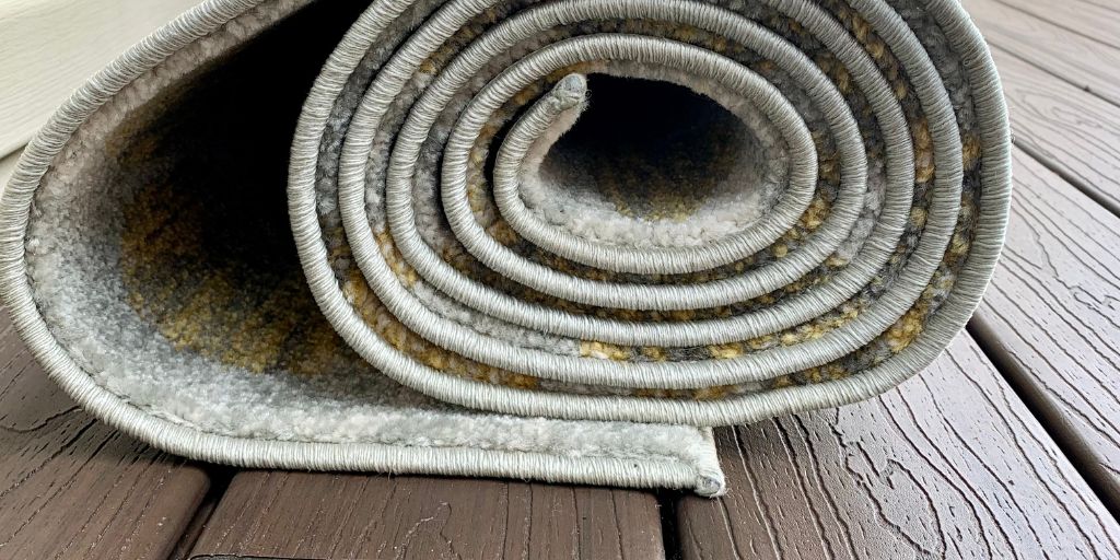A rolled rug on composite decking.